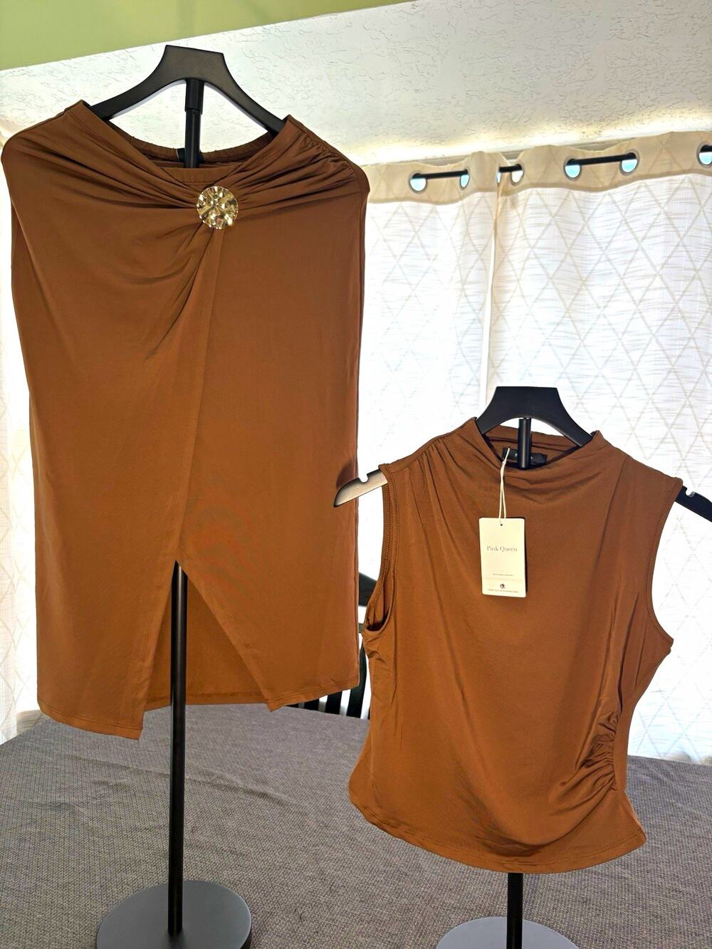 Pink Queen Women’s Brown 2-Piece Knit Top & Skirt Set S Cowl Neck Ruched